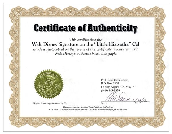 Walt Disney Signed ''Little Hiawatha'' Animation Cel -- With Phil Sears COA