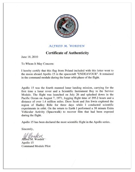 Apollo 15 Moon Flown Flag Signed & Inscribed by Pilot Al Worden