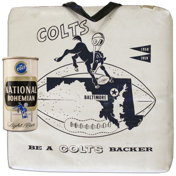Baltimore Colts Stadium Cushion & ''The Colt'' Beer Can -- 1958-59 Championship Season -- 15'' x 15'' Blue & White Seat -- Used 7-Ounce National Bohemian Light Beer Can -- Very Good