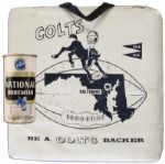 Baltimore Colts Stadium Cushion & The Colt Beer Can -- 1958-59 Championship Season -- 15 x 15 Blue & White Seat -- Used 7-Ounce National Bohemian Light Beer Can -- Very Good