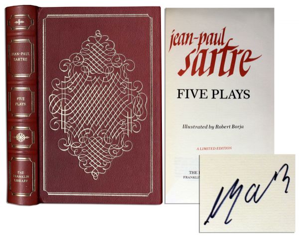 Jean-Paul Sartre ''Five Plays'' Signed -- Luxuriously Bound in Red Leather -- Fine