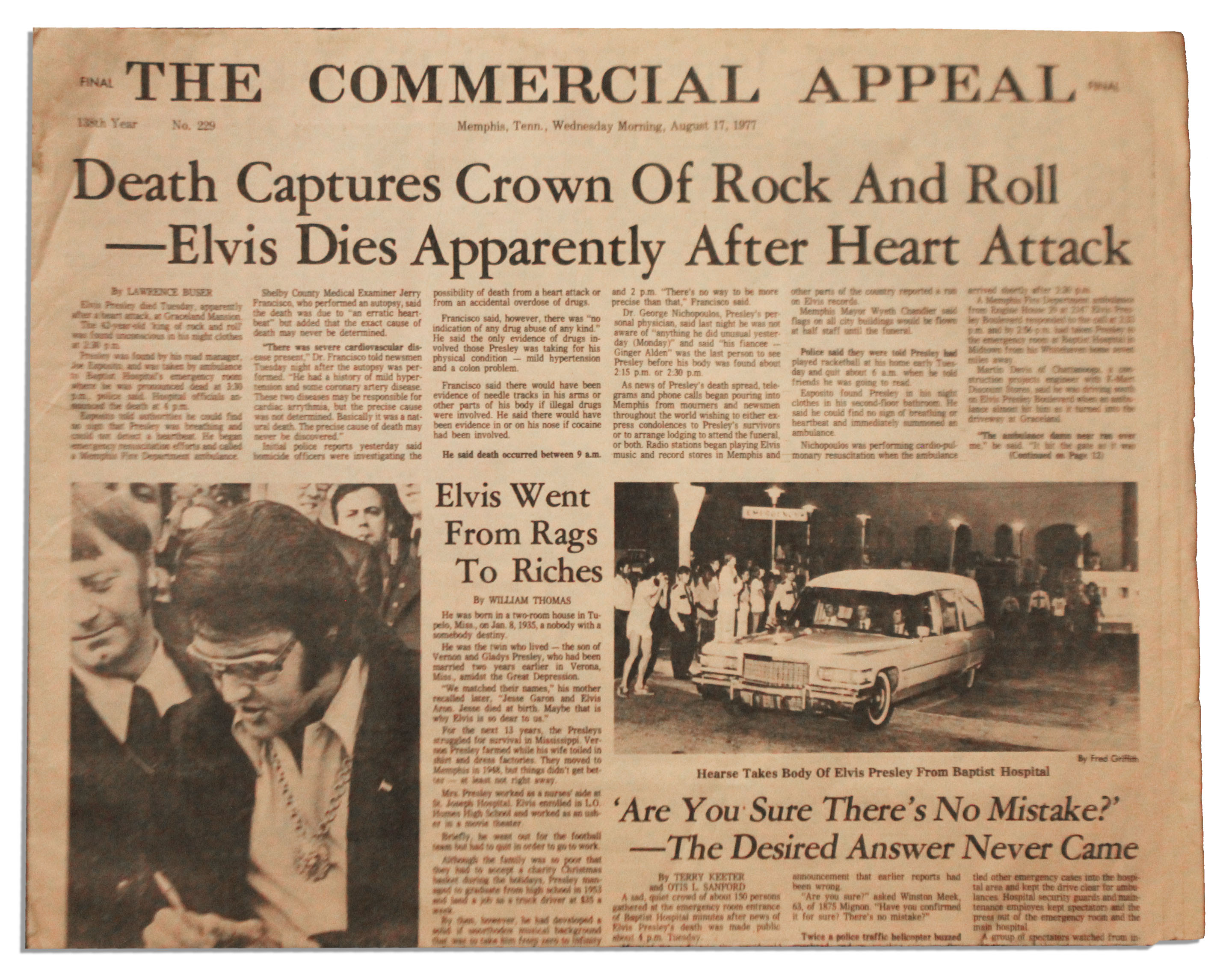 Lot Detail Elvis' Death Reported in Memphis Newspaper ''Death