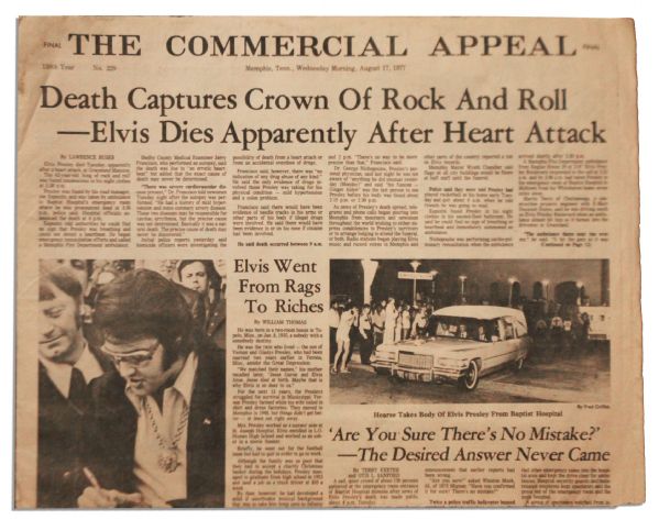 Elvis' Death Reported in Memphis Newspaper -- ''Death Captures Crown of Rock And Roll -- Elvis Dies...''

