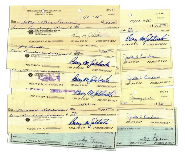Lot of Barry Goldwater Single Signed Checks -- Six Checks Signed as Senator from Arizona