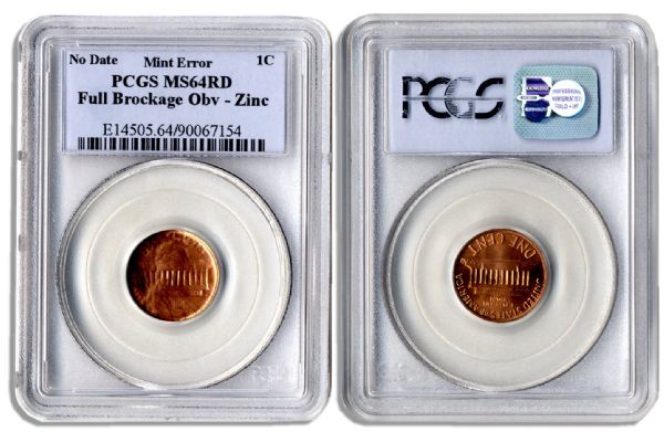 Lincoln Error Penny -- Series 1982 -- PCGS MS64 RD -- Overstruck With Full Mirror Brockage From Reverse of Die -- Overstrike Rotated 180 Degrees from First Strike