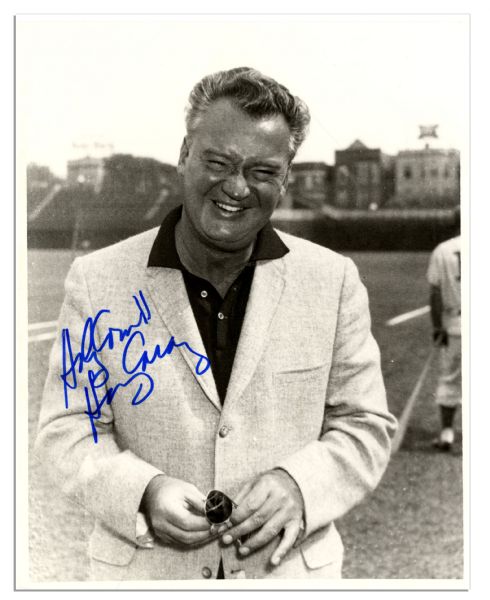 Baseball Hall of Fame Announcer Harry Caray Signed 8'' x 10'' Photo -- ''Holy Cow!! / Harry Caray'' in Blue Marker -- Near Fine -- With JSA COA