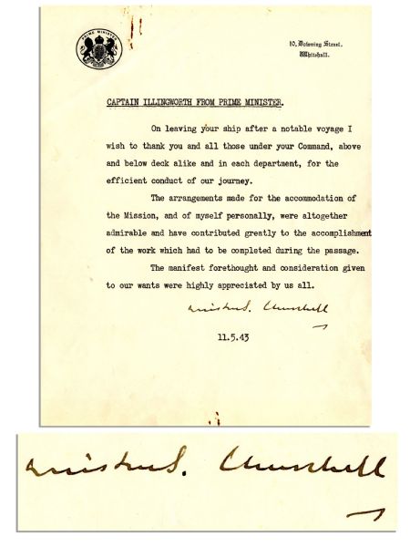 1943 Typed Letter Signed From Winston Churchill -- Churchill Thanks the Captain of the Queen Mary for a ''Notable Voyage'' That Took Him to Meet President Roosevelt at the TRIDENT Conference