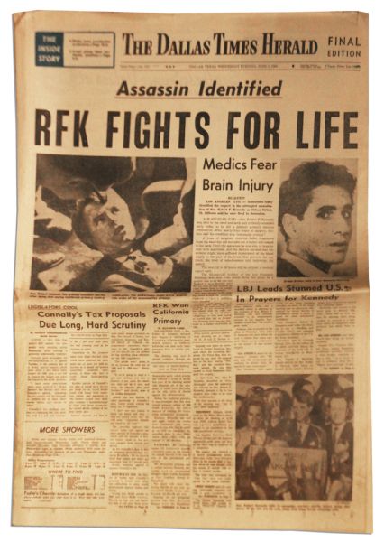 Robert F. Kennedy Assassination Newspaper Announces ''Assassin Identified'' The Day He Was Shot -- ''Dallas Times Herald'' From 5 June 1968