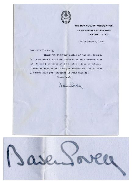 Robert Baden-Powell Signed Letter -- ''...I am afraid you have confused me with someone else...though I am interested in water-colour sketching, I have written no books on the subject...'' -- 1935