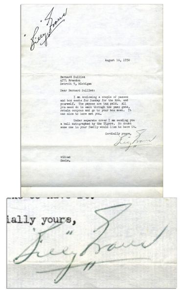 Hall of Famer Billy Evans ''The Boy Umpire'' Twice Signed Letter -- ''...I am enclosing a couple of passes...for the Mrs. and yourself...'' -- 1950