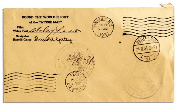 Wiley Post & Harold Gatty Signed Cover Flown on the ''Winnie Mae'' During Her History-Making World Flight -- 1931