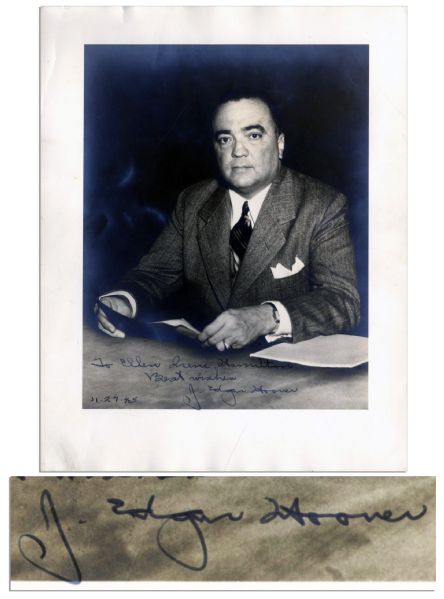 FBI Director J. Edgar Hoover Signed 9'' x 11.5'' Matte Photo -- ''To Ellen Irene Hamilton / Best wishes / 11.27.45 / J. Edgar Hoover'' -- Very Good