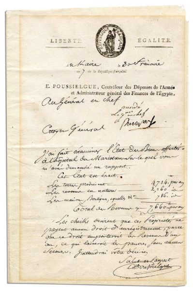 French Egypt's Finance Minister E. Poussielgue 1798 Letter to Napoleon in Cairo -- Rare