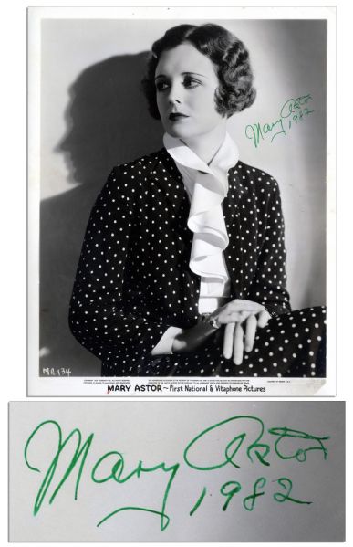 Mary Astor Signed 8'' x 10'' Glossy Photo -- ''Mary Astor 1982'' -- 1934 First National & Vitaphone Picture Publicity Photo -- Very Good