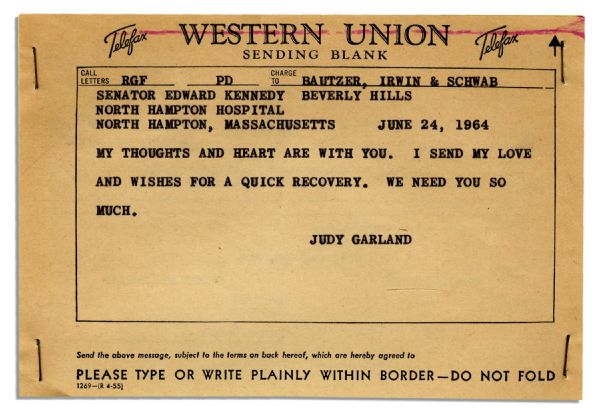 Judy Garland 1964 Telegram to Ted Kennedy