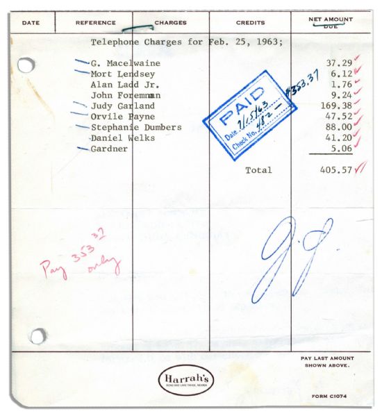 Judy Garland Initials Bill from Harrah's -- She Signs, ''J.G.'' -- Attached to 18 June 1963 Letter to Oscar Steinberg -- Very Good