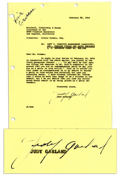 Judy Garland 1964 Typed Letter Signed 