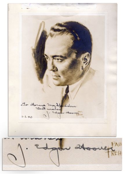 J. Edgar Hoover Signed Portrait Print -- From 1939 Sketch by Ripley's Cartoonist Paul Frehm -- ''To Horace McSpadden / Best wishes / 1.1.43 / J. Edgar Hoover'' -- 9.25'' x 11''  -- Very Good