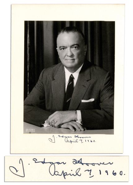 J. Edgar Hoover Signed 6.25'' x 8'' Matte Photo -- Signed on 8'' x 10.75'' Mat Surrounding Photo: ''J. Edgar Hoover / April 7, 1960'' -- Autrey of Hollywood Photographer -- Near Fine