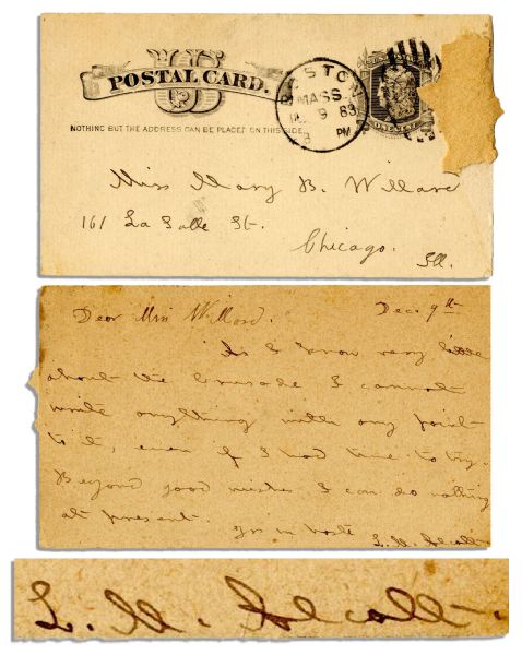 Louisa May Alcott 1883 Autograph Letter Signed -- ''...As I know very little about the Crusades I cannot write anything with any point to it...'' -- Quite Rare