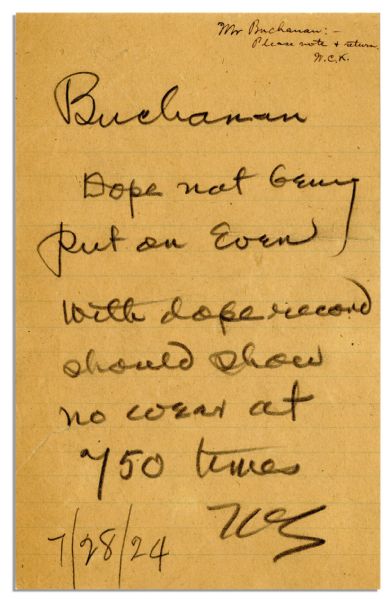 Thomas Edison Autograph Note Signed -- ''...Dope not being put on...''