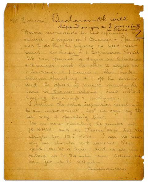 Thomas Edison Autograph Note Signed -- ''...have no faith in Devine...''