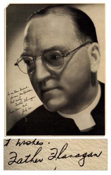 Boys Town Founder, Father Edward Flanagan Signed Photo -- 8.5'' x 11.5'' Matte -- ''To my Dear Friend Horace McSpadden / Best Wishes Father Flanagan / Boys Town, Neb. / July '42'' -- Very Good