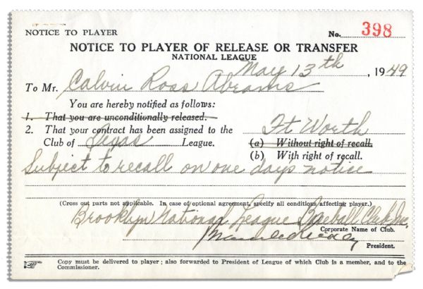 Cal Abrams 1949 Brooklyn Dodgers Release Form