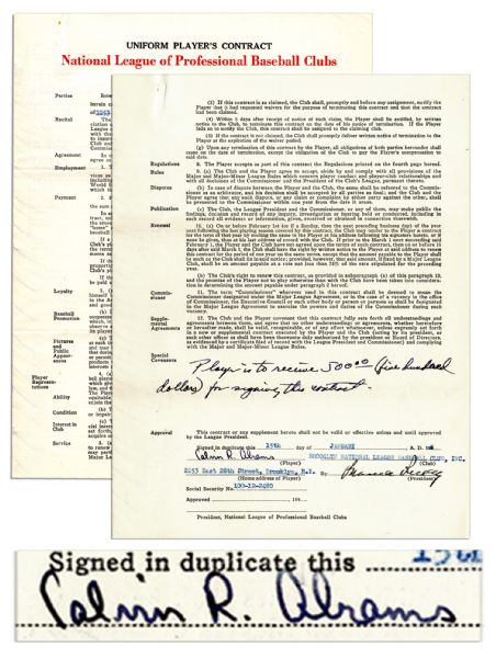 Cal Abrams 1948 Brooklyn Dodgers Contract Signed 