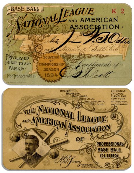 Very Early Baseball Collectible -- 19th Century Baseball National League Pass -- 1894