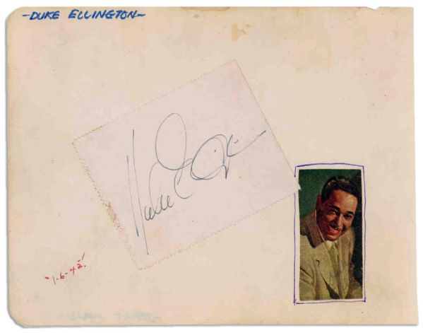 Duke Ellington Signature -- ''Duke Ellington'' Signed Slip Affixed to 6'' x 5'' Album Page -- Jerry Wald Autograph on Verso -- Very Good