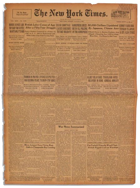 WWII ''New York Times'' Newspaper From 6 August 1945 -- The Day The Atom Bomb Was Dropped on Hiroshima 