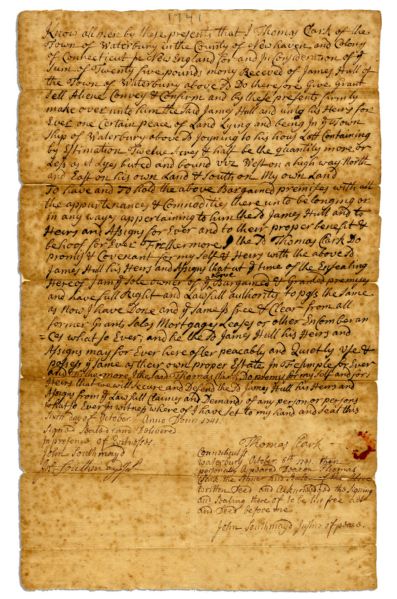 1741 Land Deed for Waterbury, Connecticut Property