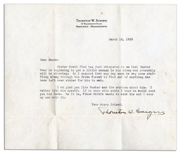 Thornton Burgess Letter Signed -- …Buster Bear is beginning to get a little uneasy in his sleep and presently will be stirring…If he were wide awake I know he would send you his love… -- 1929
