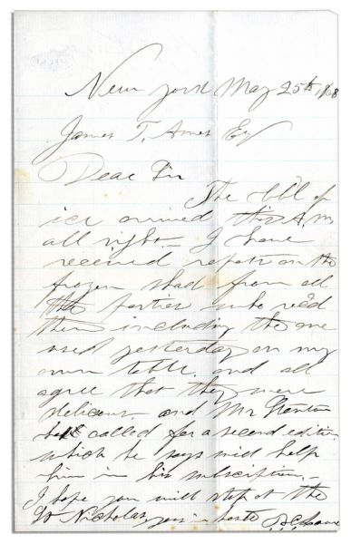 Civil War Inventor Thaddeus S.C. Lowe Autograph Letter Signed Regarding Refrigeration -- ''...The...Ice arrived this A.M. all right...'' -- 1868