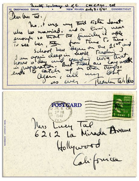 Thornton Wilder Autograph Letter Signed to His Publishing Agent in Hollywood -- 1941