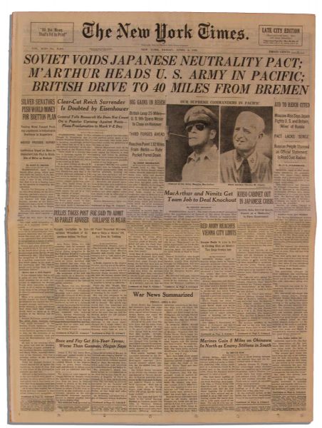 ''The New York Times'' From 6 April 1945 -- MacArthur & Nimitz Appointed Supreme Commanders in Pacific