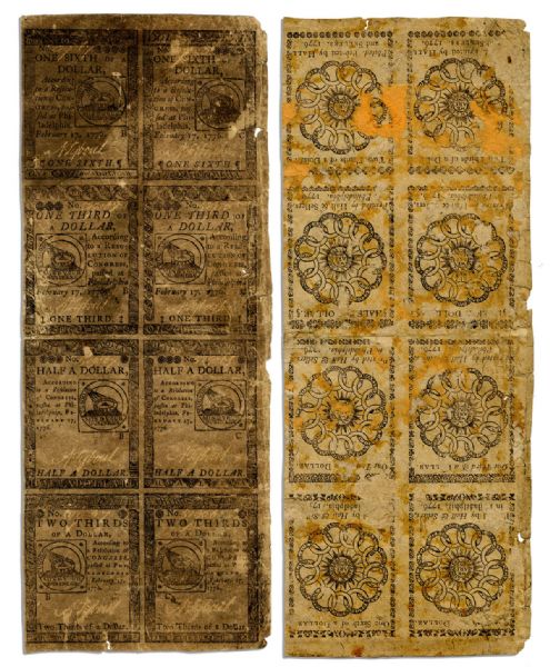 Uncut Sheet of Continental Currency -- 1776 -- Eight Pieces Total, Two of Each -- Fractional Dollar Values: One-Sixth, One-Third, One-Half, Two-Thirds -- Sheet Measures 5'' x 13'', Currency...