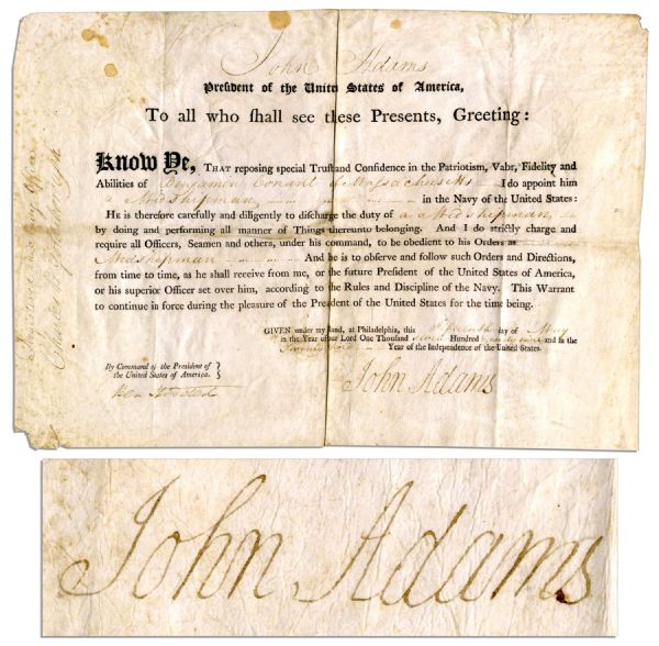 John Adams Document Signed as President -- Military Appointment of Midshipman