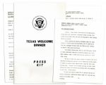 Press Kit for the Texas Welcome Dinner Honoring JFK the Night of His Assassination