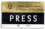 JFK Texas Welcome Dinner Press Badge -- 22 November 1963