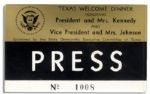 Press Badge for the JFK Welcome Dinner in Texas the Night He Was Assassinated