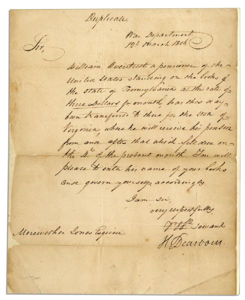 Letter Signed by Revolutionary War General Henry Dearborn as Secretary of War