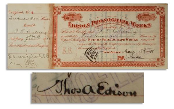 Thomas Edison Signed Stock Certificate for ''Edison Phonograph Works''