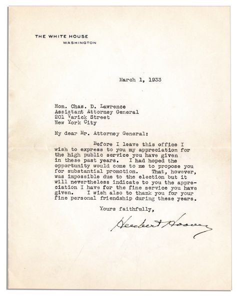 One of Herbert Hoover's Last Signatures as President -- Typed Letter Signed Days Before FDR's Inauguration -- ''...That...was impossible due to the election...''