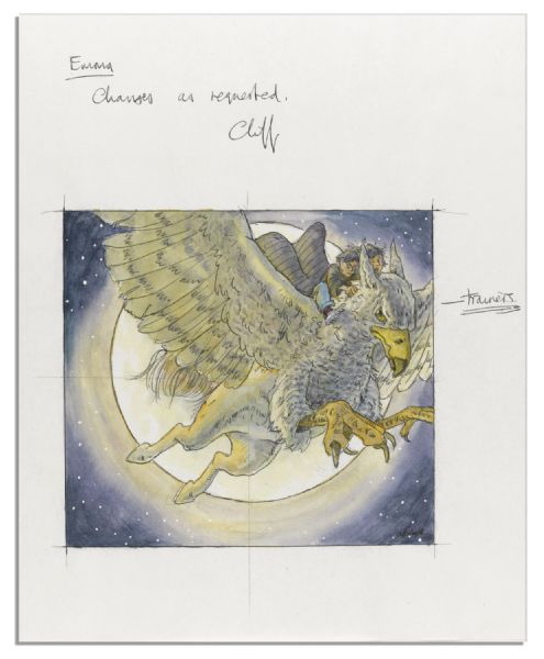Original Harry Potter ''Prisoner of Azkaban'' Book Cover Illustration -- Depicting Harry Riding the Mythical Creature, Buckbeak, Under the Moonlight -- Signed by Artist Cliff Wright