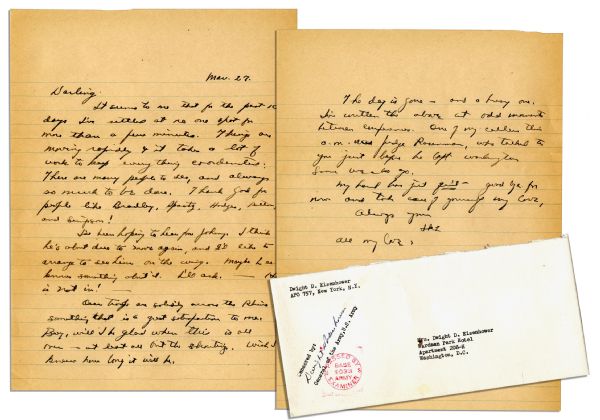 Dwight Eisenhower WWII 1945 Letter -- ''...Things are moving rapidly...There are many people to see...Thank God for people like Bradley, Spaatz, Hodges, Patton, Beedle, and Simpson!...''