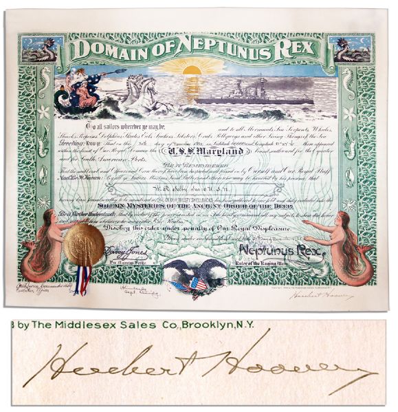 Herbert Hoover Signed Shellback Certificate