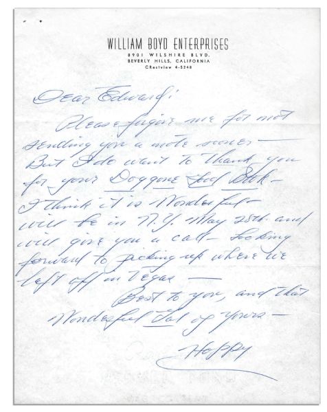William Boyd ''Hopalong Cassidy'' Autograph Letter Signed ''Hoppy'' -- ''...Looking forward to picking up where we left off in Vegas...''