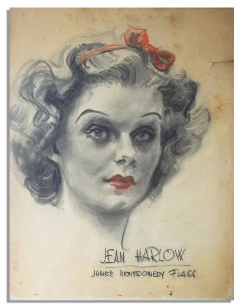 Charcoal Portrait of Jean Harlow by Famed Illustrator James Montgomery Flagg